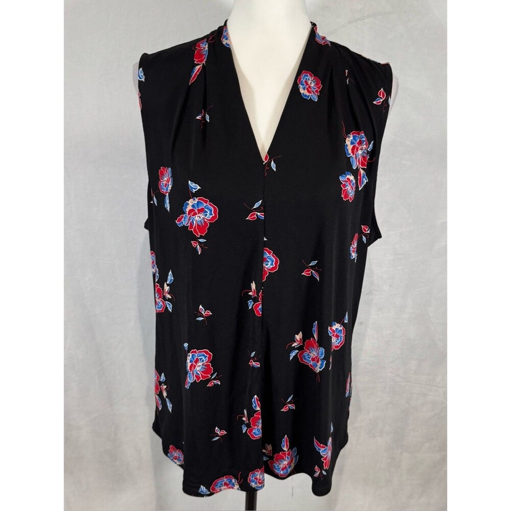 Liz Claiborne black red and blue pleated vneck career top size XL